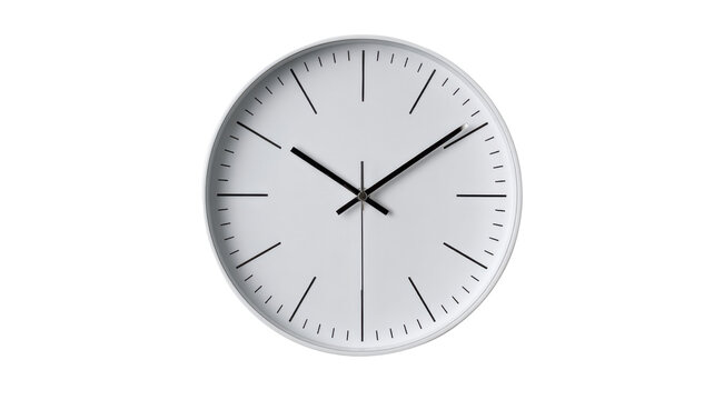 Minimalist white analog wall clock showing time, concept of punctuality, planning, and deadlines with transparent background - Powered by Adobe