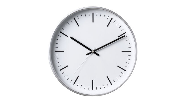White minimal wall clock showing time on a round analog timepiece with modern design, transparent background