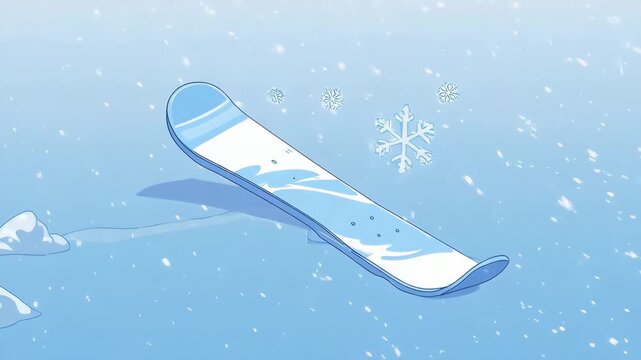 Animated Snowboard in Winter Wonderland: Snowflakes and Snowy Landscape