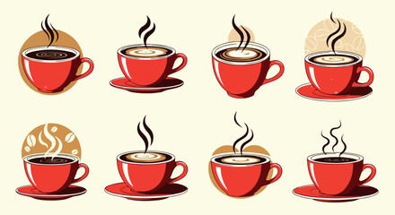 Hot coffee cups with steam in various styles