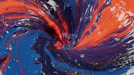 Vibrant abstract swirl of thick orange and deep blue paint mixing dynamically in a vortex or whirlpool motion - Powered by Adobe