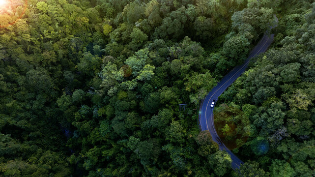 Aerial view of a road in the middle of the forest , road curve construction up to mountain of Scenic mountain highway surrounded by dense jungle and natural landscape.