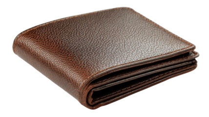 Brown leather bifold wallet with textured surface, holding cash or cards, personal finance accessory isolated