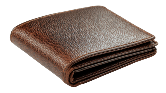 Brown leather bifold wallet with textured surface, holding cash or cards, personal finance accessory isolated