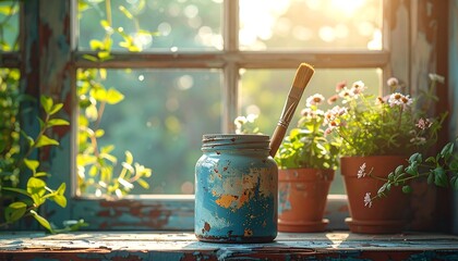 Vintage paint jar on a windowsill, sunlight streams through