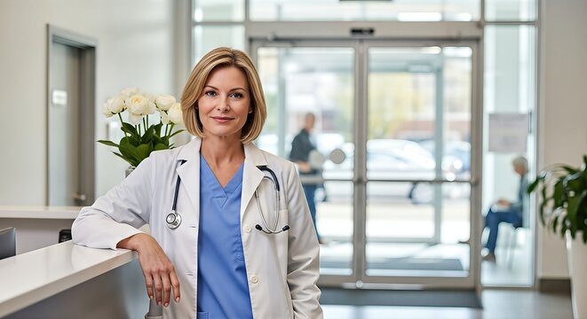 Female doctor in white coat stands confidently at hospital reception desk, with flowers in the background, embodying professionalism and care in a modern healthcare environment