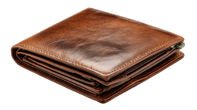 Brown leather bifold wallet with transparent background, representing finance, wealth, expenses, and personal budgeting