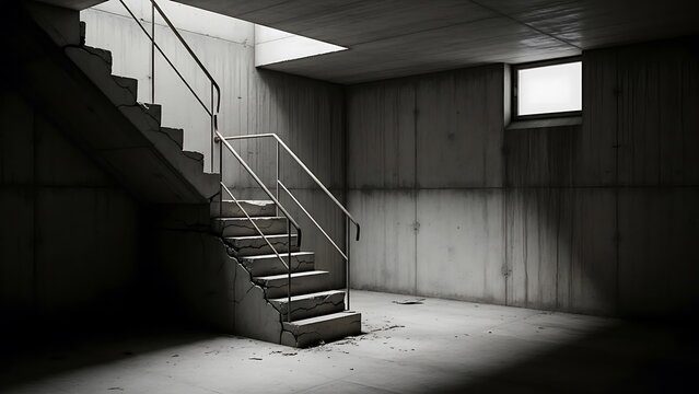 Empty square room with stairway in the dark basement