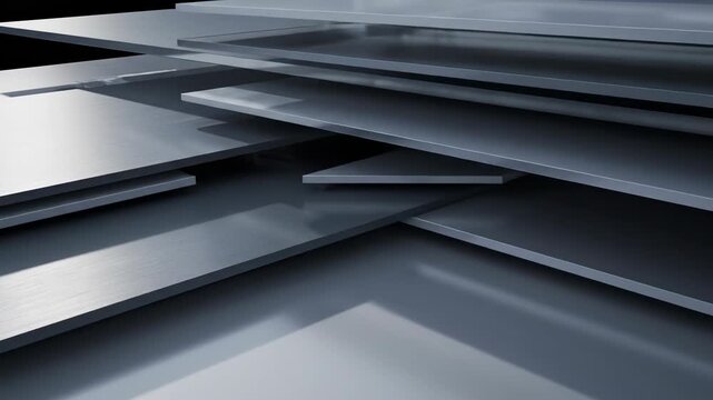 Stack of shiny metallic or silver rectangular plates or sheets viewed from a low angle in a modern industrial setting