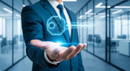 Hand Holding Digital Key in Business Suit Providing Solution to Access Success and Security with Technology and Innovation and Modern Background for Presentation Exactly 200 Chars