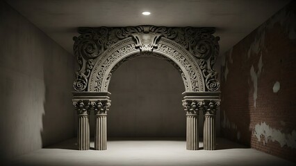 Empty square room with baroque architecture fragment has formed a Gothic arch. Realistic though fictional architectural object.