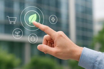 Eco-Friendly Touch: A close-up shot of a hand gently interacting with an illuminated leaf icon.
