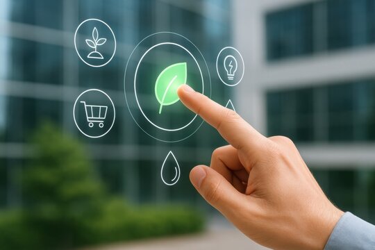 Eco-Friendly Technologies: A hand interacts with an array of icons, representing sustainable development and eco-friendly technologies, showcasing a modern approach to environmental conservation.