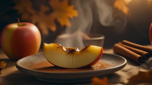 A slice of baked apple on a plate with cinnamon sticks and whole apples in background