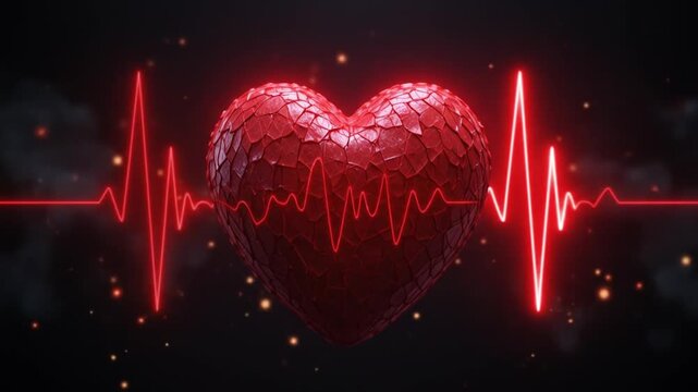 Red Heart Animation with ECG Lines Pulsating in the Dark. 4k video