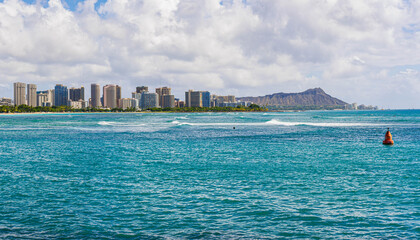 View of Waikiki And Diamondhead From Point Panic, Kaka'ako Waterfront Park, Honolulu, Oahu, Hawaii, USA