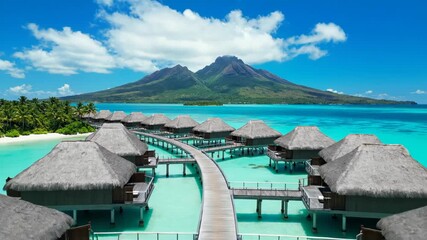 Overwater bungalow resort with thatched roof on turquoise lagoon water with mountain backdrop - Powered by Adobe