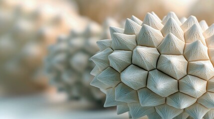 Close-up of a textured, geometric sphere with a spiky surface. The image has a shallow depth of field, with soft lighting and a neutral color palette.