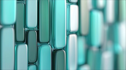Close-up of a wall made of glossy, rectangular glass tiles in shades of turquoise and green. The tiles are arranged in a grid pattern, creating a textured surfa