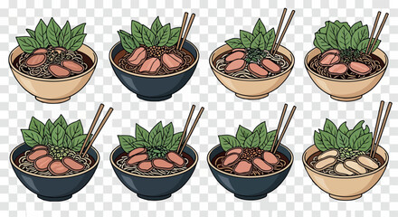 Noodle soup bowls with herbs and chopsticks with transparent background