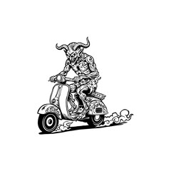 black and white illustration of a devil riding a scooter