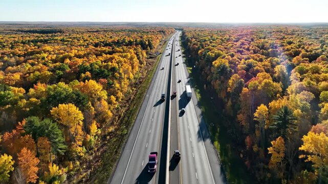 Aerial view of a multilane highway cutting through dense forest during peak autumn foliage season 4k video