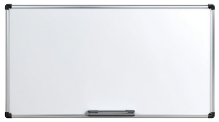 Whiteboard presenting a blank surface with a marker in the tray, ready for writing, presentations, or learning, on transparent background