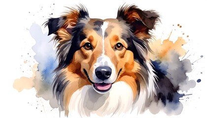 Watercolor portrait of a dog.  Happy, fluffy collie