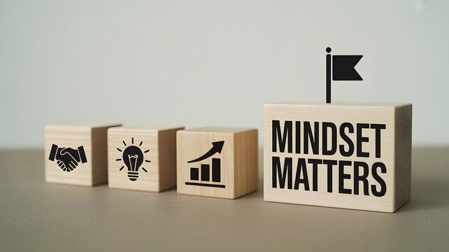 Unlock success with the right mindset, illustrated by blocks showing growth path.