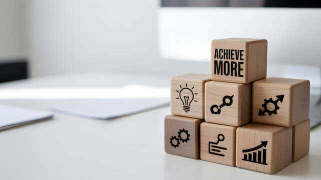 Achieve more business success with these wooden blocks and strategy icons now