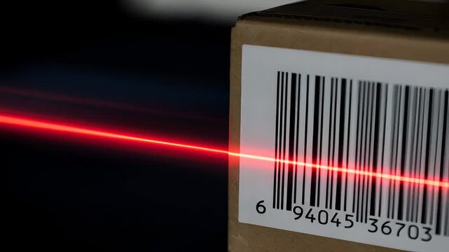 Closeup of a red laser scanner beam reading a black and white barcode label on a brown cardboard shipping box in the dark video 4k