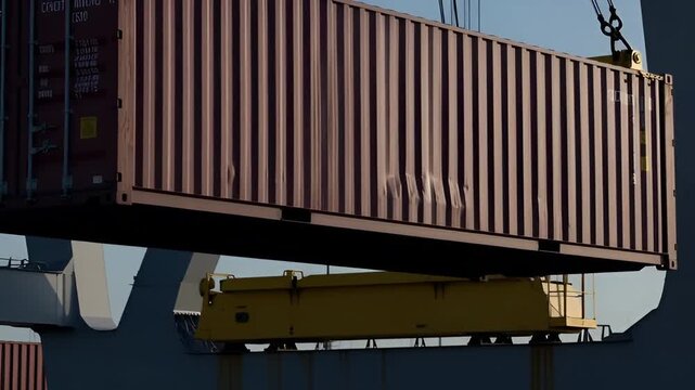 Shipping container being lifted by crane hooks against a clear blue sky at a port or industrial area close up video 4k