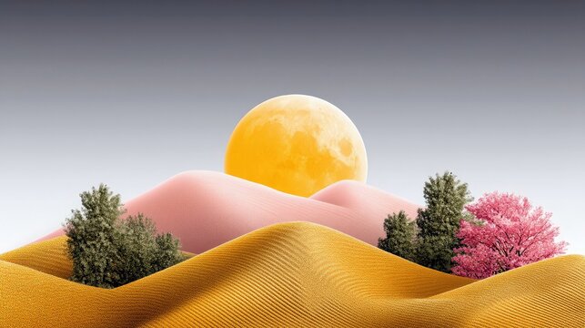 An abstract landscape featuring stylized rolling hills, trees, and a large moon against a gradient sky, creating a surreal and dreamy atmosphere.