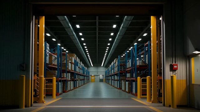Dark interior view of a partially open industrial loading dock door with yellow safety bumper and small window showing light inside video 4k