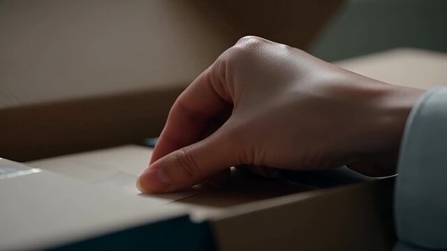 Closeup of a hand carefully taking a small embossed thank you card out of a cardboard delivery box video 4k