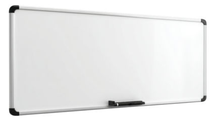 Empty whiteboard with marker and eraser on tray showing a clean surface for ideas, planning, and education, transparent background