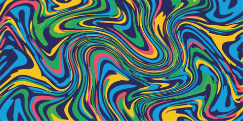 Abstract colorful seamless pattern vector illustration with psychedelic swirl waves, retro line art design, and green, yellow, purple, orange color texture backdrop