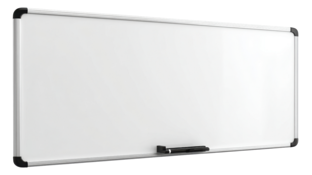 Empty whiteboard with marker and eraser on tray showing a clean surface for ideas, planning, and education, transparent background