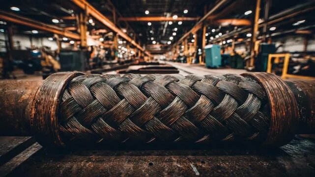 Medium shot of braided copper wire shielding wrapped around a coaxial cable highlighting intricate EMI protection design with metallic texture in industrial setting.