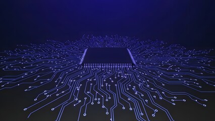 A central processing unit with glowing blue electronic circuits and connections on a dark background.