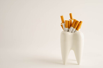 Cigarette with teeth isolated on white background, damage the health of your teeth, No smoking.