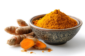 Bright turmeric spice filling a rustic bowl next to fresh cut root, promising natural wellness and culinary delight, perfect for healthy recipes and vibrant cuisine inspiration