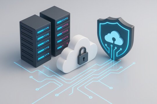 Cloud Data Security: A visual representation of secure cloud data storage and cyber protection with a lock, a shield, and server