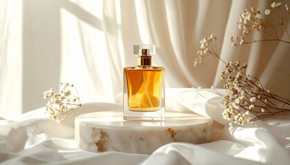 Luxury Golden Perfume Bottle on Marble Podium with Dried Flowers and Silk
