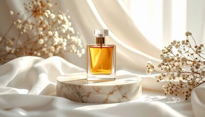 Luxury Golden Perfume Bottle on Marble Podium with Dried Flowers and Silk