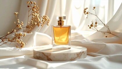 Luxury Golden Perfume Bottle on Marble Podium with Dried Flowers and Silk