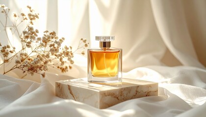 Luxury Golden Perfume Bottle on Marble Podium with Dried Flowers and Silk