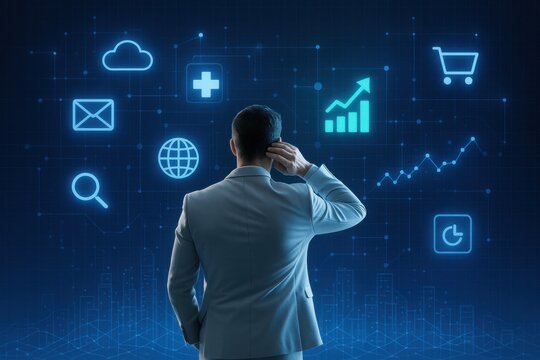 Navigating the Digital Realm: A thoughtful professional is at the forefront of digital landscape, surrounded by an array of digital icons, with the potential of technology.