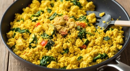 Scrumptious, vibrant yellow tofu scramble is cooked in a pan with spinach, zucchini, and bell peppers.
