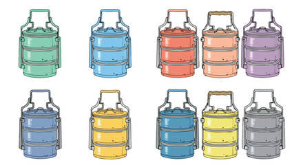 Colorful stacked lunchboxes set with transparent background